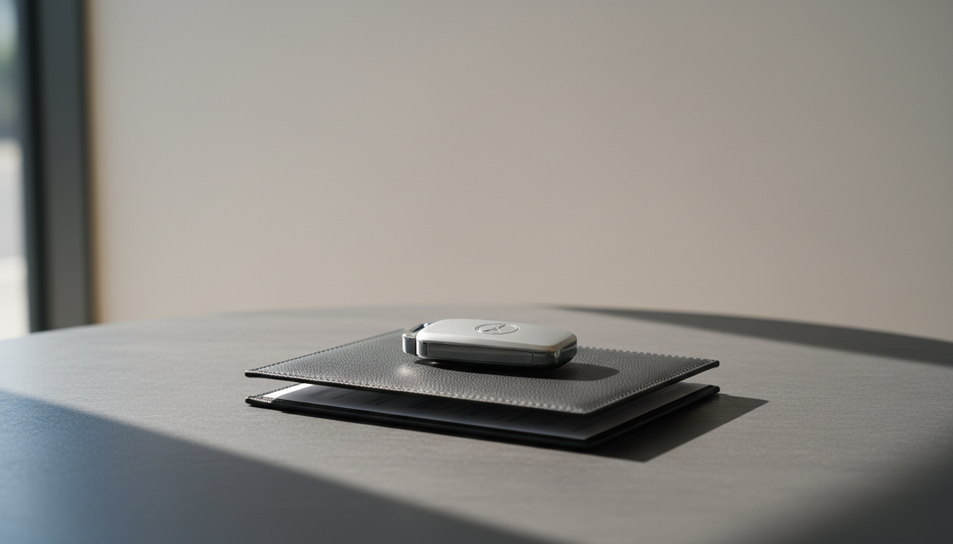 A tastefully arranged key handover set on a dark, slate-top table features a lustrous, minimalist luxury car key with brushed metal elements and a subtle dealership logo, resting atop a slim, embossed leather-bound folder. The background shows delicate shadows and a soft gradient against a muted wall, ensuring the objects are the focal point. Gentle natural light from a nearby window creates refined highlights and gives the metal and leather textures a tangible, high-end presence. The image is composed from a centered, slightly elevated angle with sharp focus on the items, evoking a moment of anticipation and exclusivity. The mood is quietly celebratory and sophisticated, in line with a photographic minimalist aesthetic.
