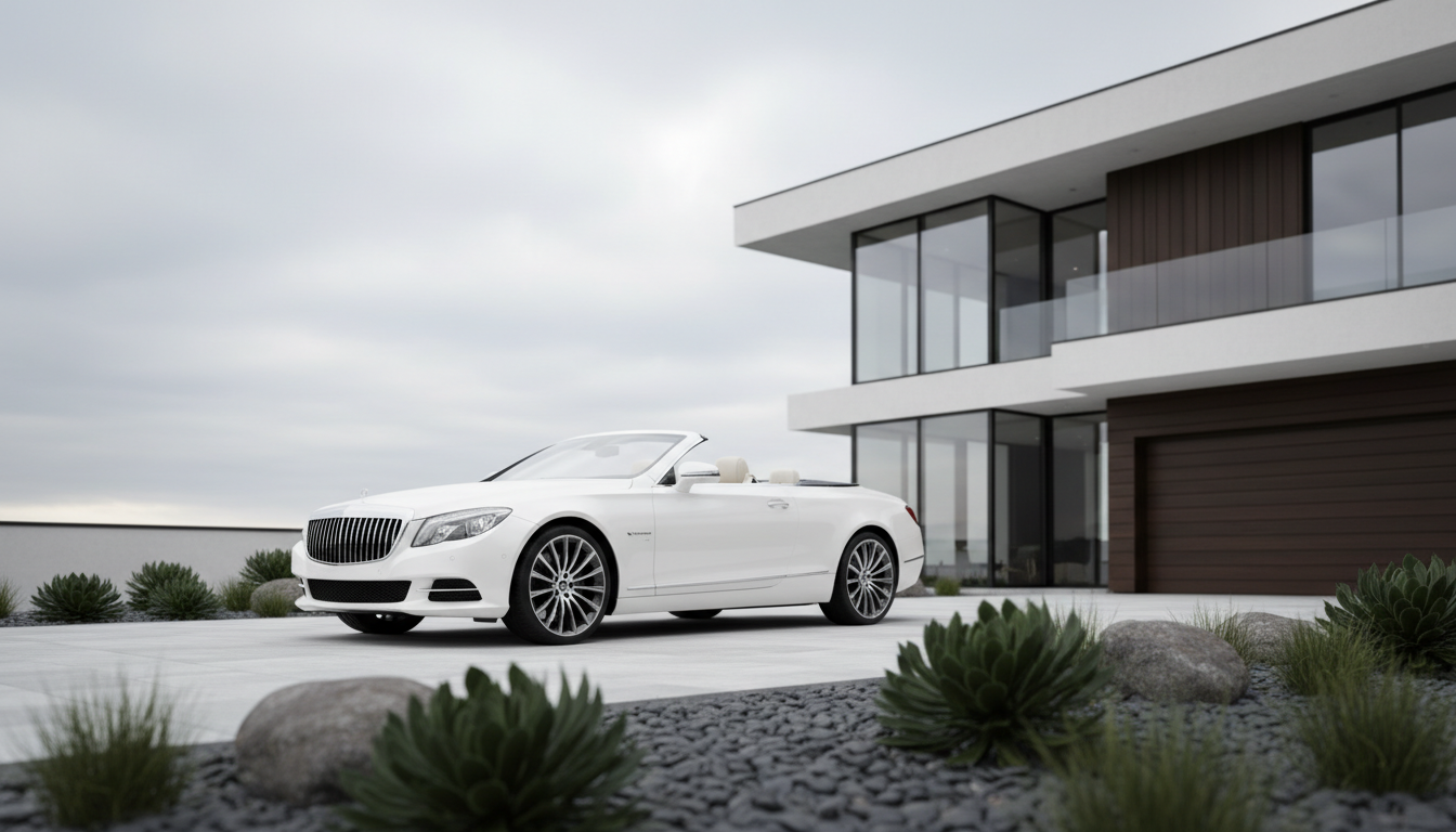 An immaculate, pearl-white convertible luxury sedan is parked in front of a modern, architecturally striking home with clean lines and expansive glass, set against a softly overcast sky that creates smooth, even lighting. The car’s chrome detailing, fine leather seats, and polished alloy wheels glimmer subtly, the muted palette of the scene highlighting both the car’s exclusivity and the home’s refined environment. The foreground features minimalist landscaping with carefully placed river stones and trimmed greenery, enhancing the sense of order and elegance. The photographic composition is framed using the rule of thirds, shot from an eye-level angle with a shallow depth of field that beautifully isolates the car, evoking an atmosphere of aspirational, understated luxury.
