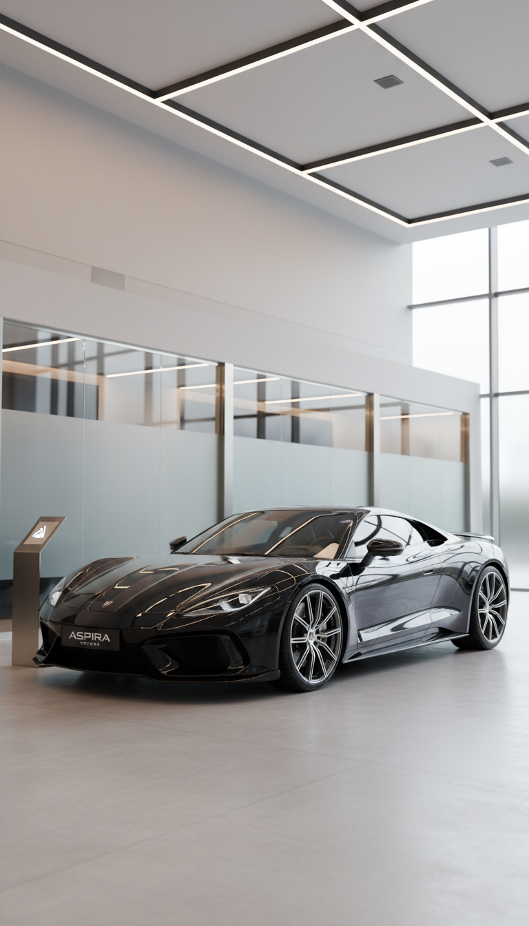 A sleek black luxury sports car with a glossy, mirror-like paint finish reflecting subtle, muted tones sits inside a spacious, contemporary showroom. The car’s aerodynamic lines, metallic trim, and precise detailing are shown in sharp focus, emphasizing the elegance of its design. The surroundings are minimalist: pale grey flooring, soft gradient walls, and a hint of frosted glass partitions, all contributing to a sense of understated sophistication. Soft diffused lighting from recessed ceiling fixtures and large windows casts gentle highlights across the car’s surface, giving depth and subtlety. The overall atmosphere is refined, calm, and aspirational, captured from a low, three-quarter perspective to showcase both the bold front and the sensuous curves. The style is photographic realism with an elegant, minimalist composition, reinforcing the luxury and exclusivity of the cars offered by the site.
