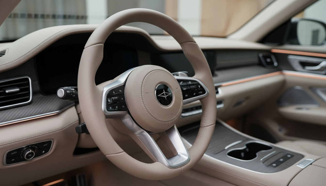 A close-up of an exquisite steering wheel crafted from buttery-soft taupe leather with subtle hand-stitched detailing, accented by brushed aluminum and a minimalist, jewel-like emblem. The interior setting features finely grained dash panels and soft-touch materials, all rendered in sophisticated muted tones. Ambient, indirect lighting from the vehicle’s concealed LEDs creates delicate highlights on the textures and edges, making the materials appear especially tactile and premium. The camera focuses tightly on the wheel, with the rest of the luxury cabin fading into an artful bokeh. The overall effect is intimate and luxurious, reinforcing the values of craftsmanship and exclusivity, all realized in a photographic, minimalist style.
