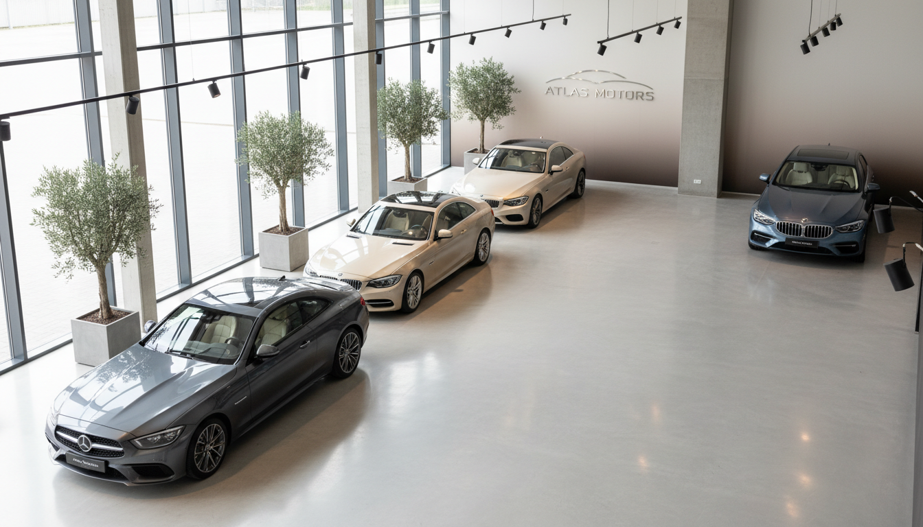 A row of carefully selected, pre-owned luxury vehicles—each in a smooth, neutral color like deep graphite, creamy beige, and slate blue—lined up in an elegant, minimalist showroom. The polished concrete floor and subtle wall gradients lend a calm, sophisticated context. Overhead, architectural track lighting and generous natural light from floor-to-ceiling windows merge to create gentle highlights and refined shadows that accentuate the fine contours and detailing of each vehicle. The mood is quietly exclusive and confident, with the composition taken from a slight bird’s-eye view to showcase variety and abundance within a perfectly organized space. The image captures photographic realism and a clean, refined feel that positions the dealership as a place for discerning aficionados.